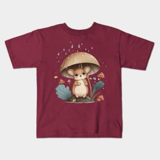 Cute Mouse Under a Mushroom in the Rain Kids T-Shirt